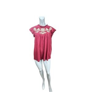 Women's M Know Rose Embroidered‎ Short Sleeve Maroon Shirt Tasseled Accents